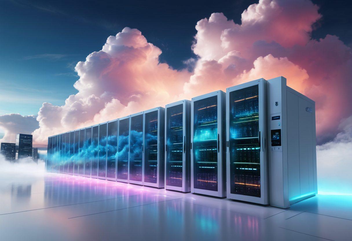 A sleek and modern data center with servers glowing softly, connected to a vast, ethereal cloud above, signifying managed hosting. The cloud should have vibrant digital streams flowing seamlessly towards fast-loading webpages displayed on various devices. Background shows a bustling cityscape merging into a serene natural landscape, representing stability and flexibility. futuristic, vibrant colors, white background.