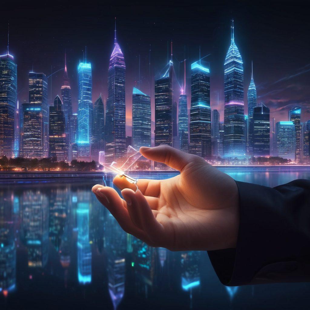 A futuristic cityscape at night with glowing skyscrapers made of digital code, symbolizing a website's infrastructure. A hand holding a glowing key unlocking a digital domain with binary streams forming pathways to various hosting servers. Super-realistic. Vibrant colors. High-tech ambiance.
