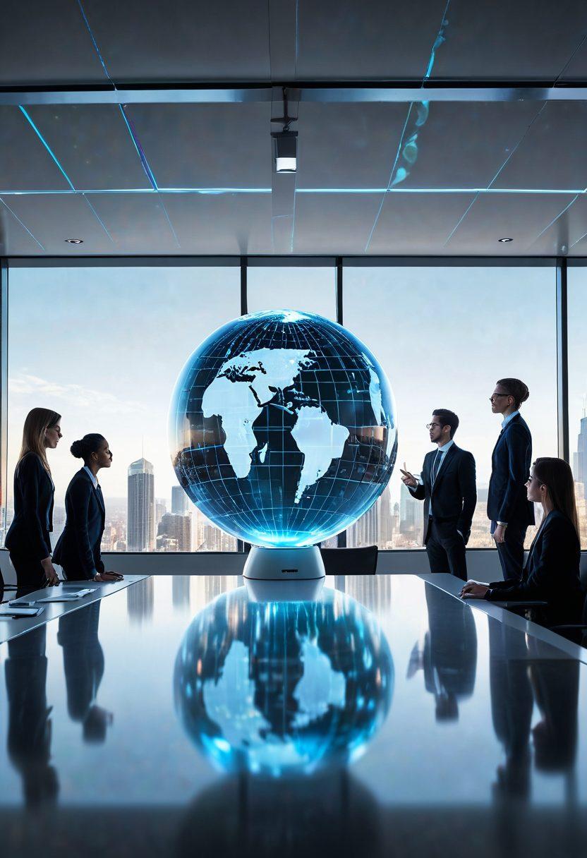 A sophisticated yet approachable scene featuring a diverse group of professionals gathered around a modern conference table, with a glowing holographic globe in the center symbolizing domain management. Include futuristic digital interfaces and documents with domain names on them. The background should showcase a sleek, high-tech office environment with large windows overlooking a futuristic cityscape. super-realistic. vibrant colors. white background.